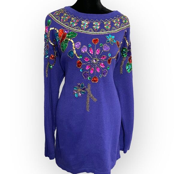 Vintage SML Sport LTD Tunic Sweater Women's Medium Purple Sequin Beaded Glam 80s - Picture 3 of 12